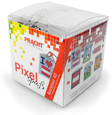 Pixel P90078-63501 Spaß Bastelset 40, zur Gestaltung von 6 Schlüsselanhängern für Kinder, kinderleichtes Stecksystem, ohne Bügeln und Kleben, Steinchen aus Biokunststoff