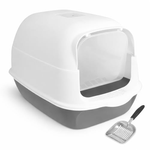 Katzenklo mit Deckel & Metallschaufel – Geschlossene Katzentoilette groß für Katzen – geruchsdichtes Katzen WC mit Klappe & Filter – modernes Katzenklo Set mit Schaufel