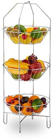 Relaxdays 10030054, silber Obst Etagere 3-stöckig, XXL Obstkorb, stehend, Küche, Aufbewahrung Gemüse, Metall, HBT 80 x 33 x 32 cm, Stahl