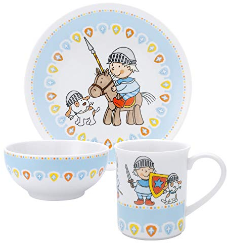 Puresigns MIKO Kindergeschirr Set 3-teilig aus Porzellan: Kinderteller, Kindertasse & Müslischale – Rittermotiv für kleine Helden – Ideal für Geburtstage & besondere Anlässe – Spülmaschinenfest