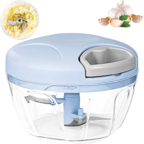 Hachoir Oignon Manuel, Presse Ail 520ML de 3-Lames, Pour Oignon Salade,Pesto, Persil, Saucisson/Machine à Couper Noix, Vanille, Aliments pour Bébés (Blue)