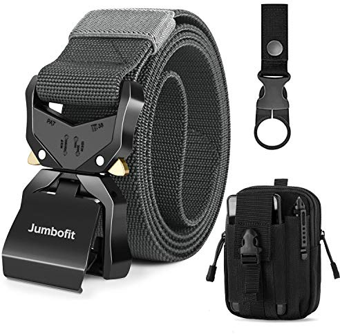 Jumbofit Taktischer Gürtel für Damen und Herren, Militär-Arbeitsgürtel aus Nylon mit Schnellverschluss-Schnalle, Geschenk mit MOLLE-Tasche & Clip, Grau, Einheitsgröße