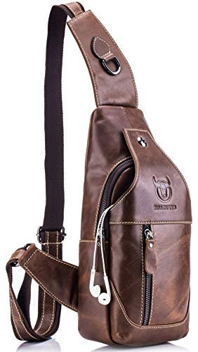 BULLCAPTAIN Herren-Umhängetasche, echtes Leder, Reiserucksack, Braun, 12.6x5.9x2.1, Sling Rucksäcke