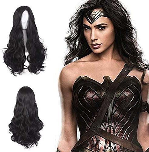 Wonder Woman Cosplay Requisiten Perücke Perücken Mütze Schwarz Langes Lockiges Haar Schwarz