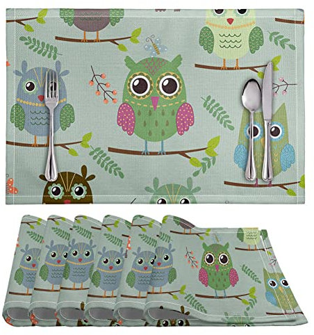 Tischset Cartoon-Eule Platzset 6er Set rutschfest Tischsets Abwaschbar PVC Abgrifffeste Hitzebeständig Platzdeckchen Untersetzer Schmutzabweisend Platzsets für Küche Speisetisch 45x30cm