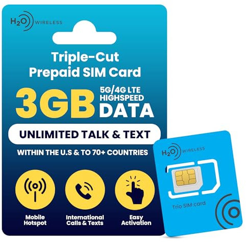 Tarjeta SIM Prepago Física H2O Wireless 90 Días Desde EE. UU. con 3GB de Datos 4G LTE/5G y 2GB de Hotspot, Datos Ilimitados, Llamadas y SMS a 70+ Países, SIM para Teléfonos Móviles en EE. UU