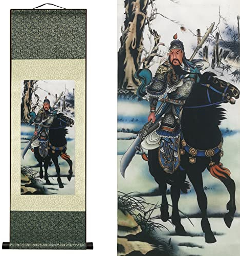 Rollbild aus Seide Asiatisch Wand Dekoration Seidenmalerei Antike Figuren - Kriegerischer Guan Yu Gott des Krieges Chinesische Kunstwandrolle Hängende Bildrolle Orientalisches Dekor(36.2x 12 Zoll)