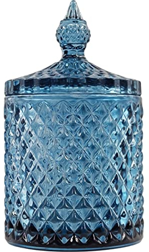 Sizikato Bocal à bonbons en verre à facettes avec couvercle - Bleu - 532 ml - Bocal décoratif - Pot à noix - Pot de rangement pour fruits secs
