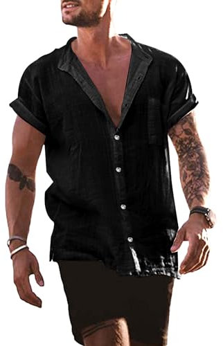 YAOBAOLE Hemd Herren Kurzarm Freizeithemd Herren Baumwolle Leinenhemd Herren Summer Men Shirts Schwarz XL