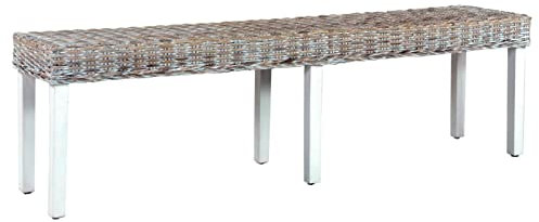 Susany Mangoholz Massiv Sitzbank Esszimmerbank Kubu-Rattan-Bank Essbank Küchenbank Rattanbank Flurbank Esszimmermöbel 160 × 35 × 45 cm (B x T x H) Weiß Natur Kubu-Rattan