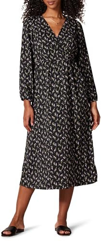 Amazon Essentials Vestido Midi Ligero Georgette de Manga Larga con Cuello de Pico (Disponible en Tallas Grandes) Mujer, Negro Ramos de Flores, XS