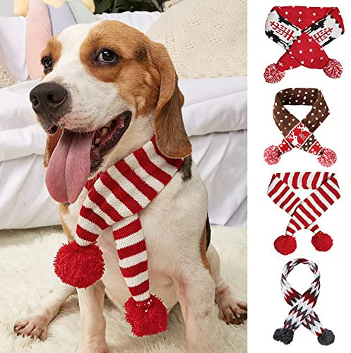 Hund Weihnachten Schal Haustier Welpe Xmas Strickkostüm Winter Warme Bandanas Halstuch Katze Halswärmer Bekleidung für Urlaub Festlich (Klein, Rot Weiß Streifen)