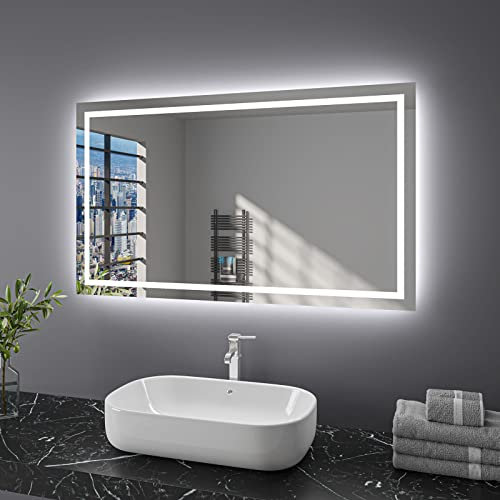 Finmrys Badspiegel mit Beleuchtung 120x70 cm LED Spiegel Bad mit Touch-Schalter Beschlagfrei Badezimmerspiegel Dimmbar Beleuchtet Kaltweiß Warmweiß Horizontal Vertikal(47.24x27.56 Inch)
