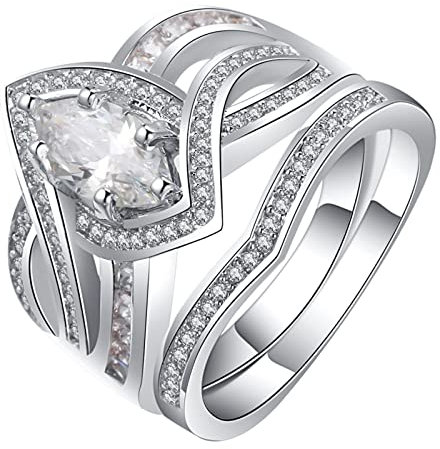 Bague Éternité Femme, Alliance Argent Zirconium 2 Pièces en Forme de Marquise Bagues d'Anniversaire pour Elle Taille 59