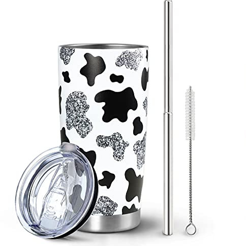 Cow Print Tumbler with Lid and Straw, Cute Cow Gifts for Women Cow Lovers, Cow Print Cup Water Bottle Coffee Travel Mug Stainless Steel Vacuum Insulated 20 Oz Tumblers, Cow Stuff Accessories Decor