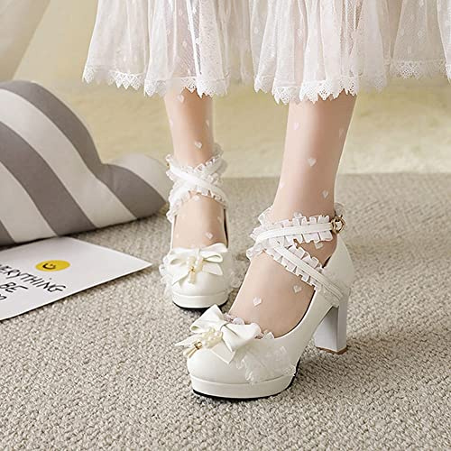 AOVIN Damen Plattform Mary Jane Pumps Kreuz Knöchelriemen Blockabsatz Lolita Cosplay Schuhe Süße Prinzessin Uniform Schuhe (Color : White, Size : 39 EU)