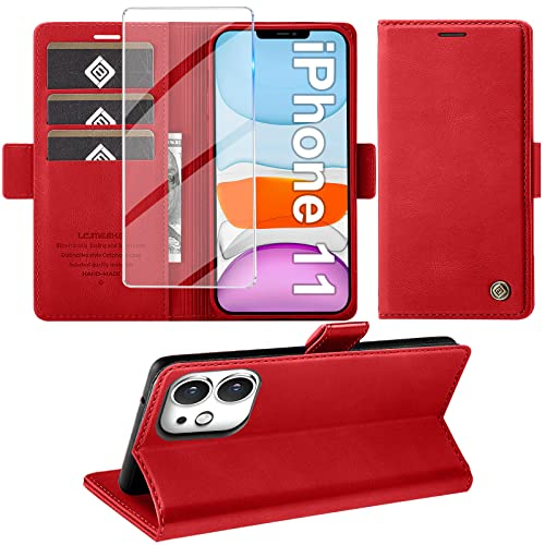 Giyer Handyhülle für iPhone 11 Hülle mit Schutzfolie, Standfunktion Kartenfach Wallet Premium Leder Schutzhülle für iPhone 11 5G 6.1 Zoll Flip Case Cover Stoßfeste Klapphülle (Rot)