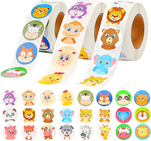 Adesivi Per Ricompensa Animali, 1500 Pz Adesivi Per Bambini Rotonde, Etichette Adesive Animali Motivazionali, Adesivi Premio Bambini 2.5cm per Scuola, Classe, feste, Compleanno(3 rotolo 24 Modello)