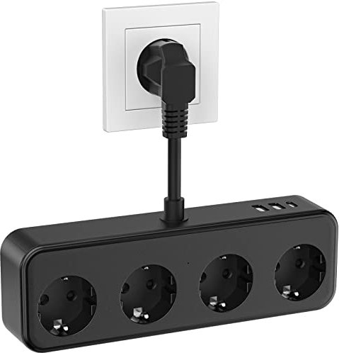 Steckdosenleiste mit USB, 4 Steckdosen und 3 USB (5 V/3,1 A) Elektrische Steckdosenleiste, 7-in-1-Steckdosenadapter, für Büro, Zuhause, unterwegs, schwarz