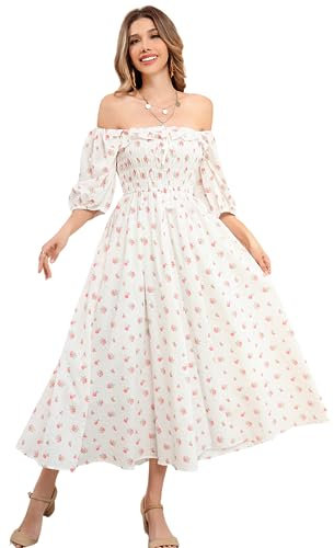 R.Vivimos Women's Square Neck Floral Slim Fit Half Sleeve Dresses Cottagecore Long Midi Dress(Large,White#1-Floral)