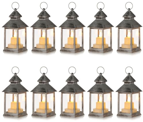 Romadedi Mini Laterne Halloween Tischdeko - Romadedi 10er Set Silber LED Laterne Metall zum Aufhängen für Weihnachten Hochzeit Tisch Ramadan Garten Balkon Innen Outdoor Draußen Herbst Party