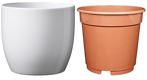 SK Soendgen Basel Lot de pots en céramique Blanc brillant Diamètre 14 cm + pot de culture Ø 13 cm Ambiance d'intérieur de qualité supérieure