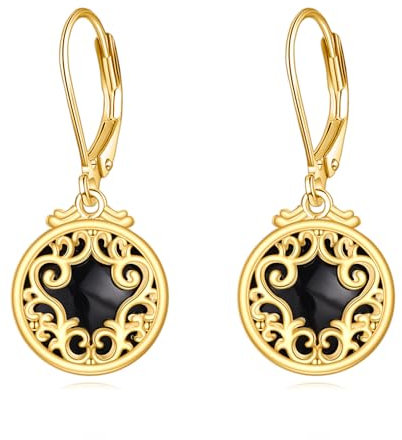 Schwarze Onyx Ohrringe Sterling Silber Träne Ohrringe 18K Gelb Gold Böhmen Filigrane Ohrhänger Schmuck Geschenke für Damen Mädchen (C-Filigrane Schwarze Onyx Ohrringe)