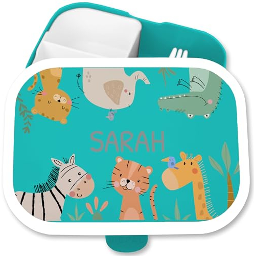Brotdose Kinder Campus für Mepal - Zootiere Afrika Tiere Elefant Zebra Tiger Giraffe Nilpferd Löwe Krokodil - 750 ml - Türkis - brotbüchse kindergarten lunchbox with name tieren elefanten