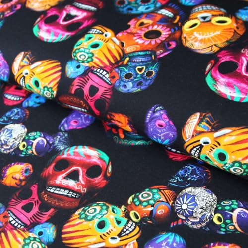 Baumwolljersey bunte Sugar Skulls Totenköpfe - Jersey Stoff Mexican Día de los Muertos - Skulls Stoff Meterware ab 25 cm Zuschnitt