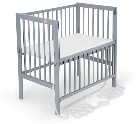 FabiMax Baby Beistellbett Flex mit innovativem Seitengitter für Boxspringbett, Buche massiv grau, inkl. Matratze Classic