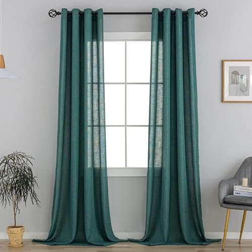 VOILYBIRD Natürliche Leinenstruktur Vorhänge mit Ösen Leinen Gardinen für Fenster Wohnzimmer (Dunkelgrün, HxB 220x140 cm, 2 Stück)