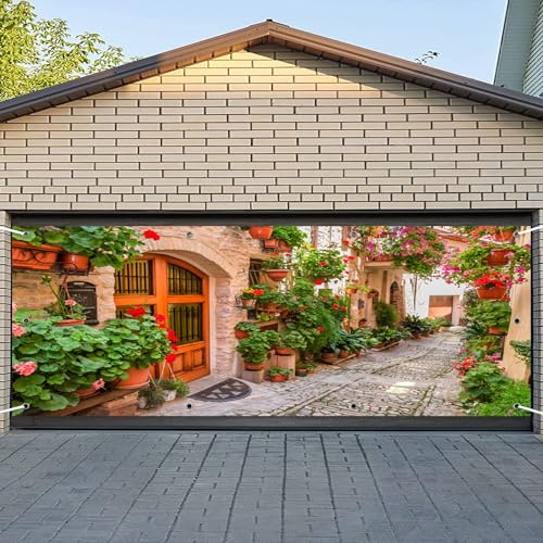 CSFOTO 2,1 x 4,8 m italienische Stadtstraße Thema Garagentor Dekoration Banner Toskana Blumen Straße schmale Gasse Outdoor Garage Dekoration Wandbild Frühling Urlaub Reise Bild Shooting Tapete