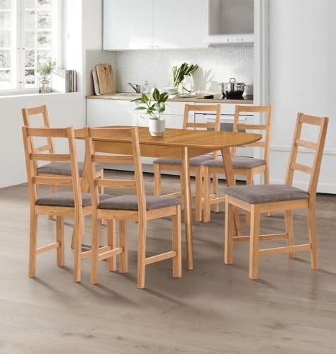 Hallowood Furniture Aston Light Oak Extending Dining Table and Chairs Set 6 | Oval Butterfly Table and Steel Grey Fabric Chairs, Wooden Dining and Chairs, 7-piece Kitchen Furniture Set for Home and Cafe