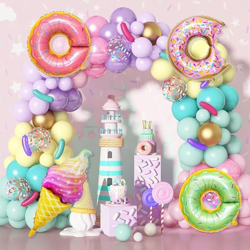 139Stück Donut Luftballons Girlande Kit Lila Rosa Makaron Luftballons Party Dekorations for Birthday Girls Donuts Eis Foilen Luftballons for Birthday Baby Shower Weeding Party Deko