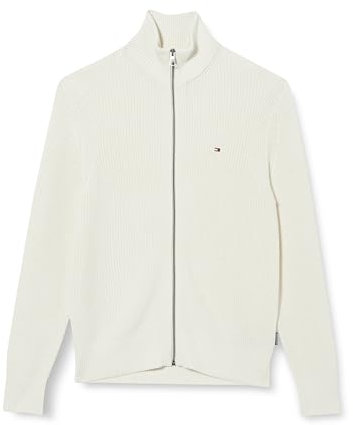 Tommy Hilfiger Herren Strickjacke Cardigan mit Reißverschluss Rib Zip Through Baumwolle, Weiß (Ivory), M