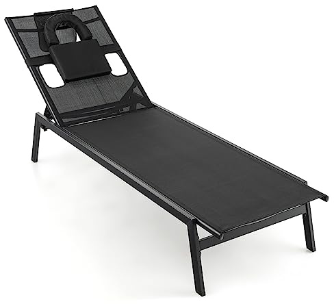 GOPLUS Chaise Longue. Bain de Soleil avec Trou pour Visage, Siège de Terrasse en Métal avec Dossier Réglable à 5 Niveaux et Oreiller Amovible, Bronzage pour Piscine, Jardin, Terrasse Charge 150KG