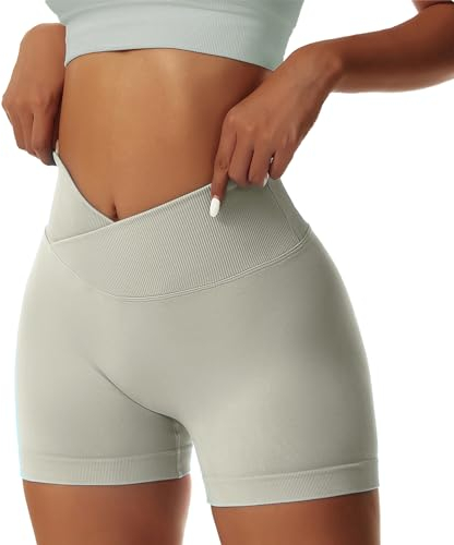 Coswind Sport Leggings Damen Kurze Booty Scrunch Gym Shorts Yoga V Cross Push Up Radlerhose Sexy Blickdicht Grau Grün S