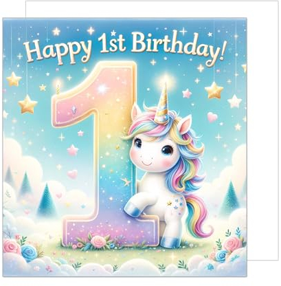 Edition Seidel Premium quadratische Geburtstagskarte zum 1. Geburtstag mit Umschlag. Glückwunschkarte mit Spruch Happy Birthday Billet Karte für Mädchen Kind Einhorn pink (GQ259 SW024)