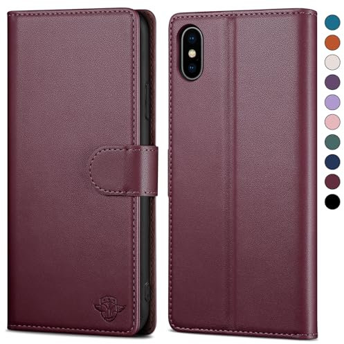 SkyDuck for iPhone X/XS/10 5.8 case Leather Flip,for iPhone X case with [RFID Blocking][Credit Card Holder] with 1 Tempered Glass Screen Protector,Cover Women Men for iPhone XS case Wine Red