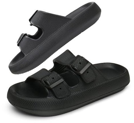IDEINER Badeschuhe Damen Herren Doppelschnalle Hausschuhe Cozislides Original Cloudyzz Slides Wolken Pantoletten Rutschfest Weicher Dicker Sohle Badelatschen Sommer Sandalen Schwarz Gr. 40/41