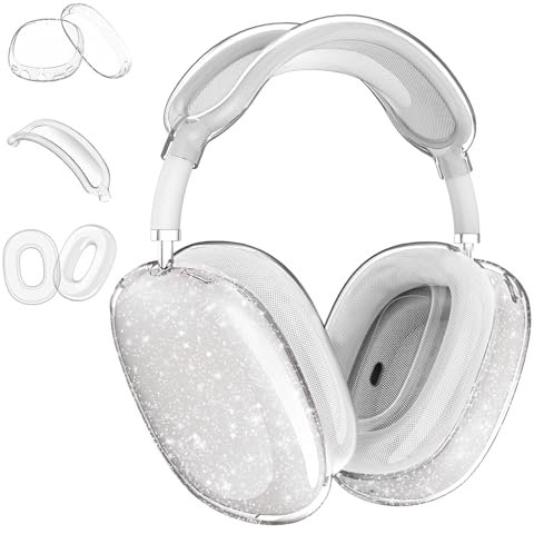 Aircawin Schutzhülle für AirPods Max, transparent, glitzernd, 3-in-1, transparent, weiche TPU-Ohrmuschel-Schutz, Ohrpolster, Kopfband-Hülle für Airpods Max, Kopfhörerzubehör, Glitzer
