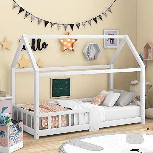 Goeria Kinderbett Hausbett 90 x 200cm, Holzbett für Kinderzimmer inkl.Tafel Lattenrosten Rausfallschutz, aus Kiefernholz, ohne Matratze (Weiß + Ohne Schornstein)