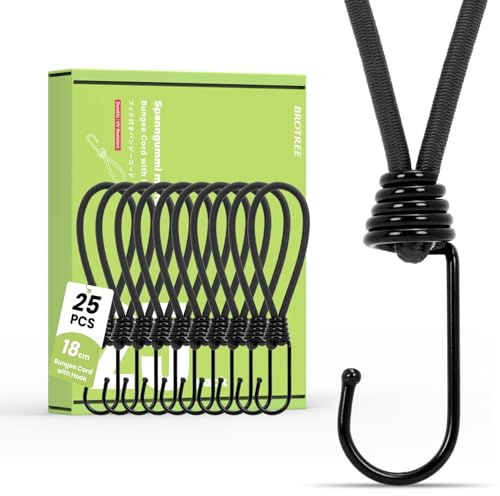 Brotree Bungee Cords with Hooks 25 Pack 18cm Small Bungee Rope with Hooks | Heavy Duty, used for Tarpaulins, Tents, Tarp and Fixing