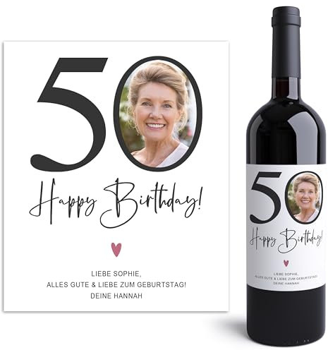 50. Geburtstag Weinetiketten personalisiert mit Foto Flaschenetiketten selbst gestalten Geburtstagsgeschenk Geschenk Weinflasche Etiketten selbstklebend 2 Stück | 10x12 cm
