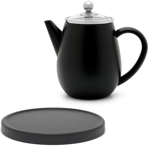 Bredemeijer Doppelwandige Mini Teekanne 0.5 Liter - schwarze isolierende Edelstahl Kanne Set mit schwarzem Holzuntersetzer & Tee-Filter-Sieb-Einsatz - für lose Teesorten