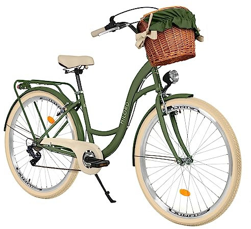 MILORD Damenfahrrad Citybike Komfort Mit Weidenkorb Hollandrad Vintage Fahrrad, 26, 28 Zoll, 7-Gang (Khaki, 26 Zoll)