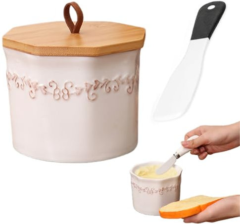Beurrier en céramique avec fermeture en bambou pour 300 g, beurrier en porcelaine avec couteau en céramique, pour beurre frais et tartinable, accessoire idéal pour votre cuisine