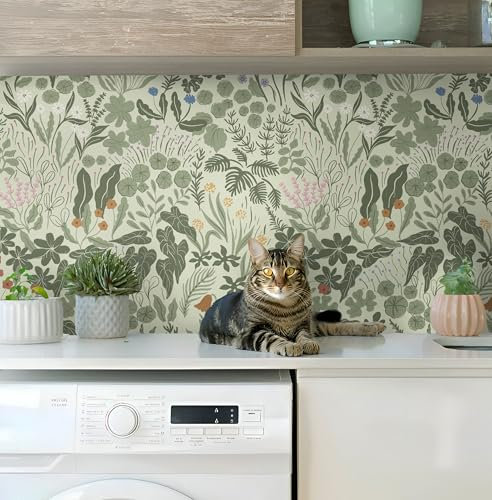 CiCiwind Self Adhesive Wallpaper Grey Green Floral Contact Paper 44×300CM Waterproof Peel and Stick Wallpaper Removable Sticky Back Plastic Thicken Stick on Wall Paper for Wall Furniture Viny Wrap