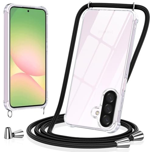 Vauki handyband für Samsung Galaxy A56 Hülle mit Band, Handyhülle Silikon Transparent zum Umhängen Stoßfest mit Kordel Necklace Schnur TPU Bumper Durchsichtig Case Samsung A56, Schwarz