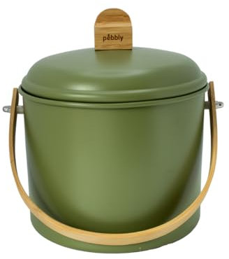 PEBBLY - Seau à Compost d'Intérieur en Acier et Anse en Bambou - 3,5 litres - Ø 19 x 21,5 cm - Filtre Anti-Odeur en Charbon Inclus, Seau Élégant, Durable, Léger et Résistant, sans Risque de Fuite